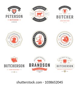 Butcher shop logos set vector illustration. Good for farm and restaurant badges, animals and meat silhouettes. Retro typography emblems design.