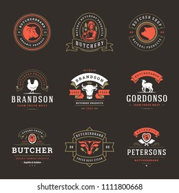 Butcher shop logos set vector illustration. Good for farm and restaurant badges, animals and meat silhouettes. Retro typography emblems design.