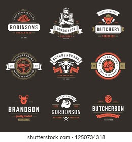 Butcher shop logos set vector illustration. Good for farm and restaurant badges, animals and meat silhouettes. Retro typography emblems design.