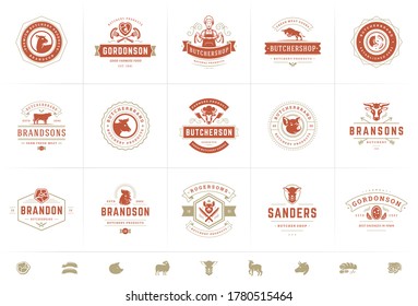 Butcher shop logos set vector illustration good for farm or restaurant badges with animals and meat silhouettes. Retro typography emblems design.