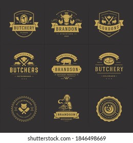 Butcher shop logos set vector illustration good for farm or restaurant badges with animals and meat silhouettes. Retro typography emblems design.