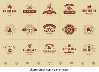 Butcher shop logos set vector illustration good for farm or restaurant badges with animals and meat silhouettes. Retro typography emblems design.