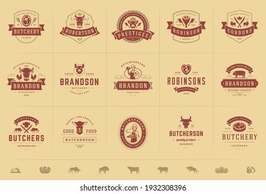 Butcher shop logos set vector illustration good for farm or restaurant badges with animals and meat silhouettes. Retro typography emblems design.