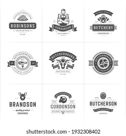 Butcher shop logos set vector illustration good for farm or restaurant badges with animals and meat silhouettes. Retro typography emblems design.