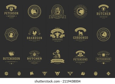 Butcher Shop Logos Set Vektorgrafik gut für Farm- oder Restaurant-Abzeichen mit Tieren und Fleisch-Silhouetten. Retro Typografie-Embleme Design.