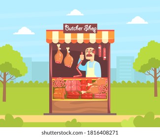 Butcher Shop, Male Farmer Selling Meat Products Vector Illustration