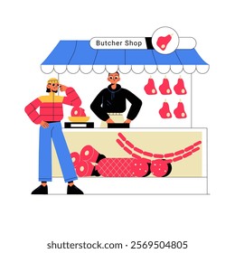 Butcher Shop With Male Vendor And Female Customer In Flat Vector Illustration Symbolizing Local Meat Market, Food Sales, And Business Interaction, Isolated On White Background.