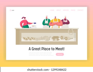 Butcher Shop Market Shopkeeper Landing Page. Butchery Retail Business Stand. Supermarket Owner sell Local Farm Beef Meat Concept for Website or Web Page Flat Vector Cartoon Illustration