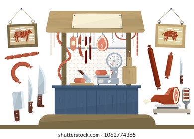 Butcher shop, meat assortment and equipment for cutting meat vector Illustration