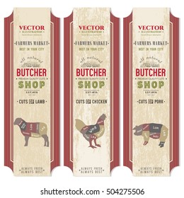 Butcher Shop, Meat Chicken, Pork, Lamb, Vector Banners 