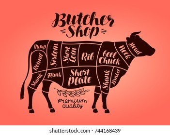 Butcher shop, meat cut charts. Beef, cow, steak concept. Vector illustration