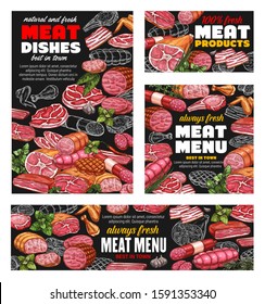 Butcher shop meat food menu, sausages and butchery gourmet delicatessen. Vector farm butchery products pork, lamb and beef steak or ham and bacon, filet and mutton ribs, salami and cervelat sausages