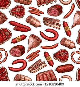 Butcher shop meat food seamless pattern. Vector beef steak, pork chop and lamb ribs, sausage, bacon and ham, raw fillet, sirloin and jerky, salami, gammon and bologna background