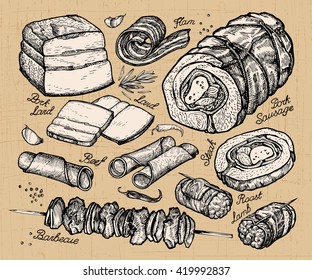 butcher shop, meat. hand-drawn sketches of food. vector illustration