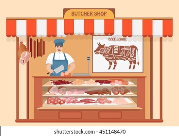 Butcher Shop. Meat Man Seller. Store shelves with pork meat, veal and ham, salami slices, sausage, bacon and beef. Fresh steak.