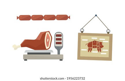 Butcher Shop or Meat Market with Sausage and Smoked Leg on Scales Vector Set