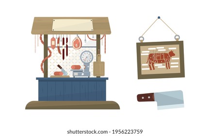 Butcher Shop or Meat Market with Stall and Hanging Sausage Vector Set