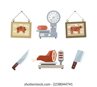 Butcher Shop or Meat Market with Wurst and Ham on Weight Scale and Knife Vector Set