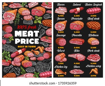 Plantilla vectorial del menú de carne de la tienda de carnicería. Bacon, salami y baton soujouk, jamón, jamón, jamón o filete de ternera. Salchicha, pancetta y kielbasa, wurst, costillas o jamón. Esbozo de carne de pollo y cerdo