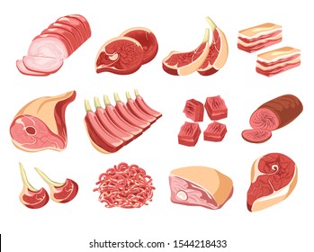 Carnicería, productos cárnicos, vector alimentario aislado. Carne de vacuno y cerdo, jamón y salchicha, ternera y salami, tocino y cordero. Costillas de carne y costillas, solomillo y manteca, solomillo, ingredientes de mercado y de cocina