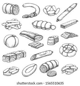 Butcher shop meat, vector hand drawn sketch icons. Butchery delicatessen and gourmet sausages, pork ham, beef steak and chops, mutton ribs, salami, barbecue brisket and jamon