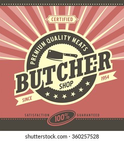 Butcher shop minimalistic vector design. Fresh meat retro label. Vintage background template with decorative typography.