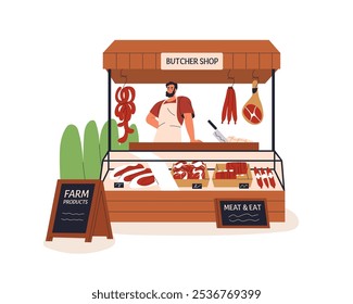 Butcher shop, outdoor stall. Vendor behind market stand, counter selling fresh farm meat produce, sausages, domestic ham. Farmer kiosk with pork. Flat vector illustration isolated on white background