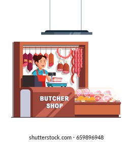 Butcher shop owner woman working as cashier at checkout counter and scales. Showcase full of local meat products & sausages. Small retail business. Flat style vector illustration isolated on white.