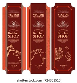 Butcher shop packaging design label fresh beef, lamb, goose, turkey, butchery vintage hand drawn vector 
