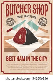Butcher shop poster with gammon image on counter and advertising of best ham in city flat vector illustration 