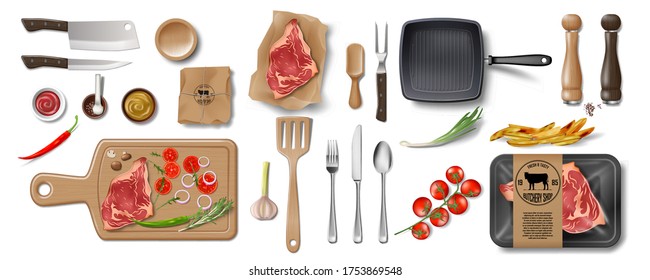 Butcher Shop, Restaurant Brand Identity mockup set isolated. Branding packaging mock up elements for meat shop, cafe or steak house. supermarket food in pack. Vector