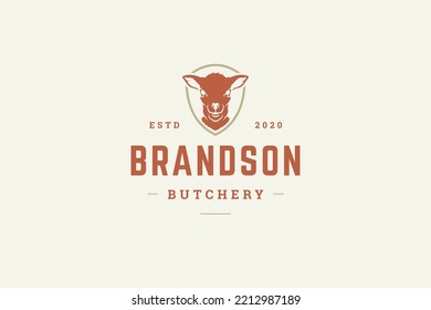 Butcher shop retro monochrome logo design template sheep head heraldic shield vector illustration. Agriculture business emblem fresh organic meat production rural livestock insignia advertisement