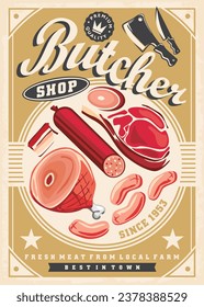 Butcher Shop Retro Werbeplakat Design mit verschiedenen Fleischprodukten. Illustrationen zum Thema Salami, Würste, Speck und Schinken. Nahrungsvektorbild.