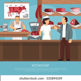 Butcher shop with retro scales meat charts sausages and customer buying beef loin cut flat vector illustration 