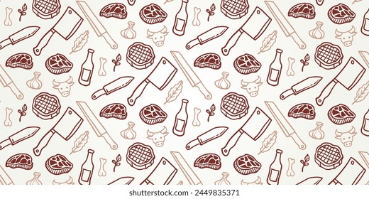 butcher shop seamless pattern, barbecue meat and cooking tools seamless pattern. BBQ, meat, vegetables, beer, wine and equipment icons