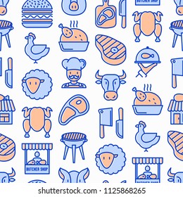 Butcher shop seamless pattern with thin line icons: meat steak, beef, pork, mutton, BBQ, chicken, burger, cutting board, meat knives. Modern vector illustration.