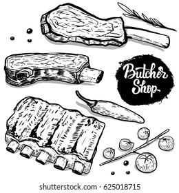Butcher shop. set of hand drawn beef ribs with spices. Design elements for poster, menu, flyer. Vector illustration