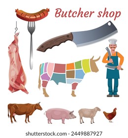 Butcher shop set with images of farm animals, meat seller and carcass cutting diagram. Vector illustration isolated on a white background