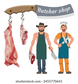 Butcher shop set with sellers of meat. Butchery icon. Advertising sign. Vector illustration isolated on a white background