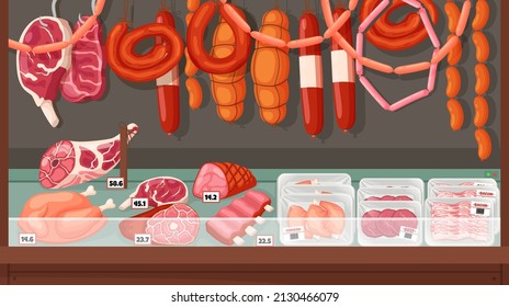 Butcher shop showcase. Fresh farm products, market shelves, different varieties meat, gastronomic store, sausages and hams, vacuum wrap packaging containers with semi finished vector concept