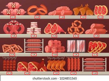 Butcher shop showcase with prices. Meat product store or market stand or stall with sausage and cattle ham, kielbasa or sliced wurst, smoked chicken leg and beef steak. Food and trade theme