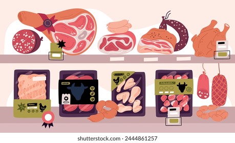 Butcher shop showcase. Store shelves with meat products. Butchery assortment. Market stand with farm food containers. Beef and pork pieces in vacuum wrap packaging