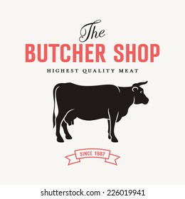 Butcher shop sign with silhouette of cow, vector illustration for design label