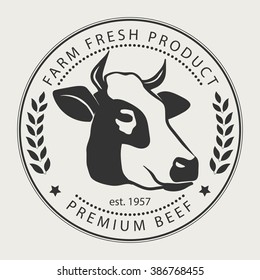 Butcher shop sign, silhouette of cow stamp, premium beef label typographic print badge. Farm design element. 