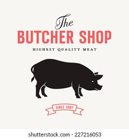 Butcher shop sign with silhouette of pig, vector illustration for design label