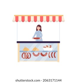 Butcher shop stall with chicken meat and sausages, flat vector illustration isolated on white background. Friendly seller offers meat production of poultry factory.