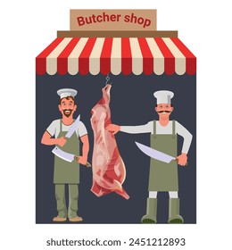 Butcher shop or stall with farmer and seller of meat at local market. Vendor sells his fresh products. Butchery icon. Vector illustration isolated on a white background