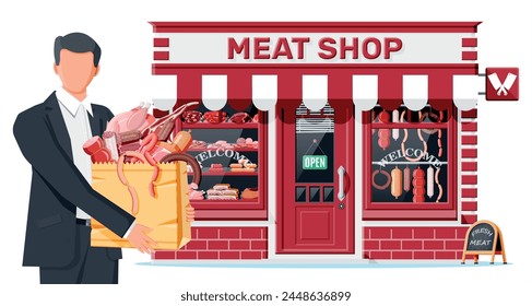 Butcher shop store facade with man customer. Meat street market. Meat store stall showcase counter. Sausage slices delicatessen gastronomic product of beef pork chicken. Flat vector illustration