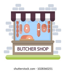 Butcher Shop Storefront. Building Exterior With Products.