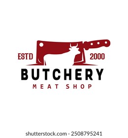 butcher shop template. beef and meat cleaver knife vector design, minimalism, stamp, badge, symbol, icon, for fresh meat shop logo